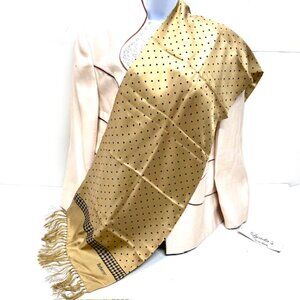 Beautiful Burberrys 100% Silk Satin Scarf 60"x15"Olive Beige Back dott Fring (62